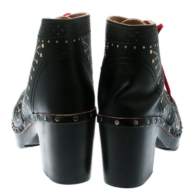 Pre Owned Burberry Black Studded Leather Antrim Fringe Detail Block Heel Clog Ankle Boots Size 41