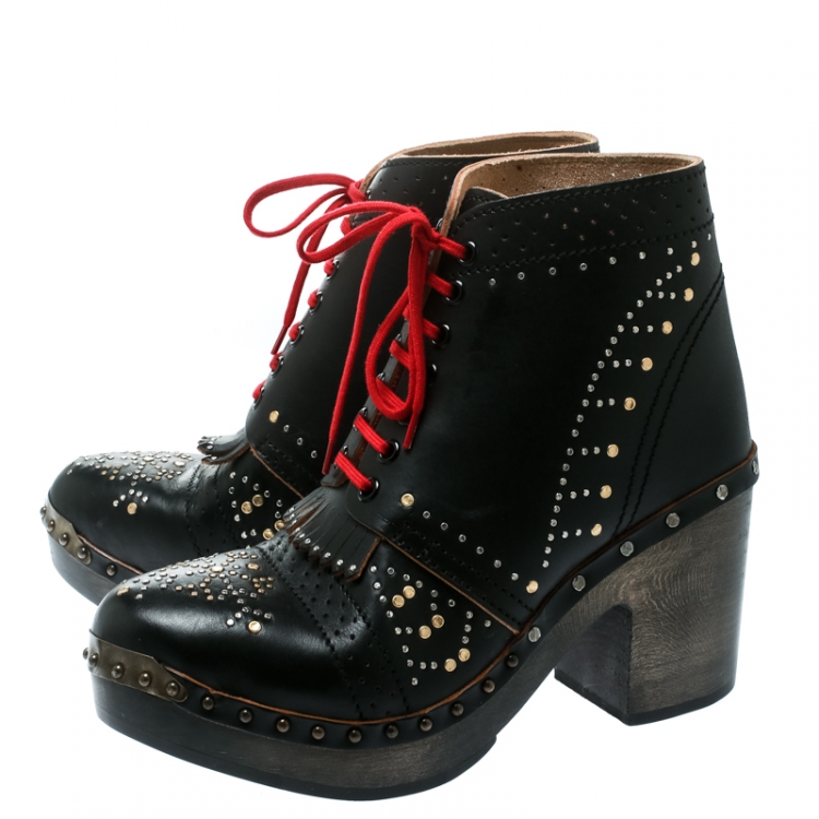 Pre Owned Burberry Black Studded Leather Antrim Fringe Detail Block Heel Clog Ankle Boots Size 41