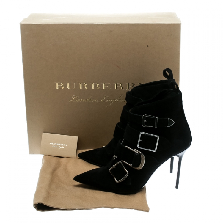 Pre Owned Burberry Black Suede Milner Buckle Detail Pointed Toe Ankle Boots Size 38