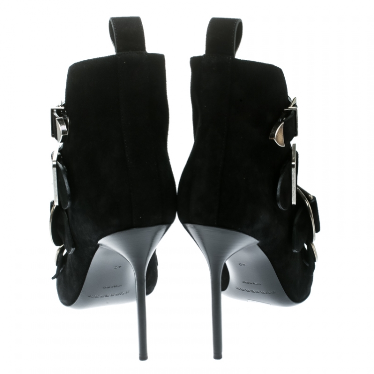 Pre Owned Burberry Black Suede Milner Buckle Detail Pointed Toe Ankle Boots Size 38