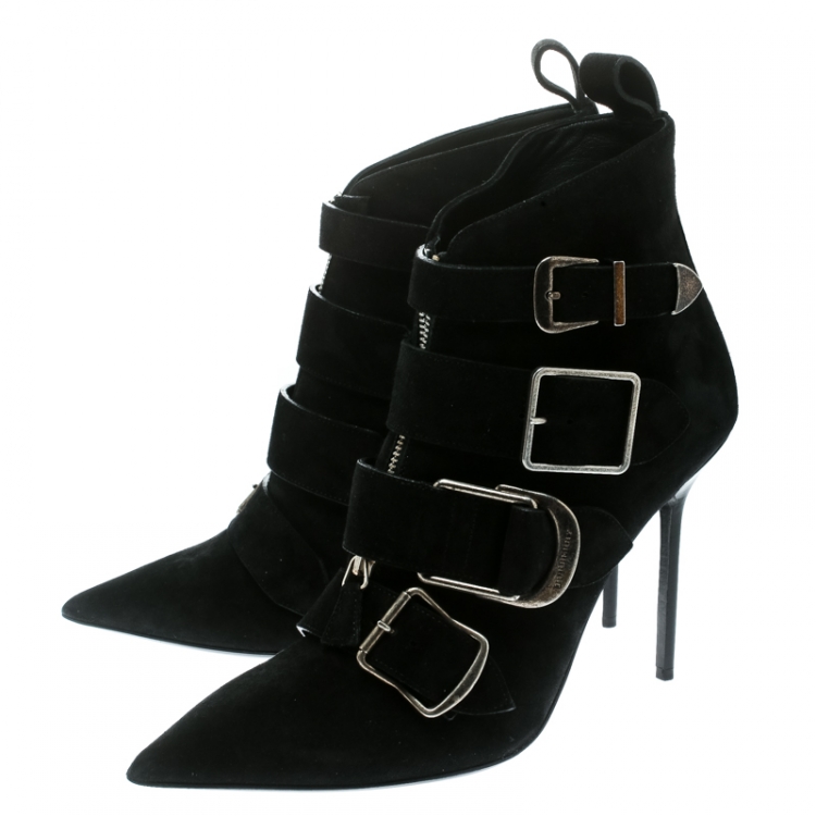 Pre Owned Burberry Black Suede Milner Buckle Detail Pointed Toe Ankle Boots Size 38