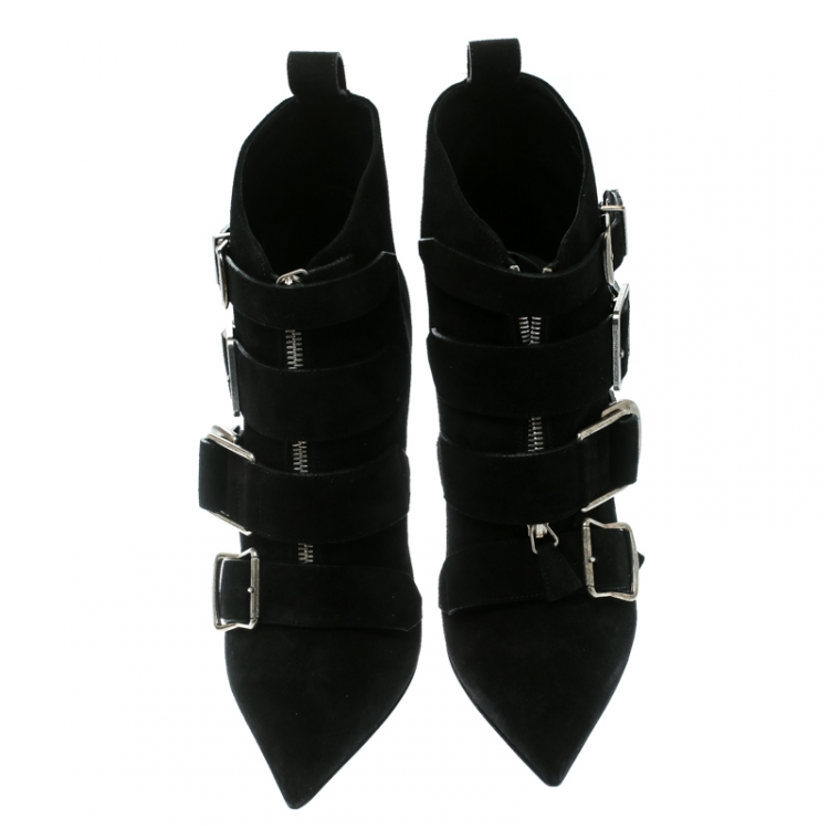 Pre Owned Burberry Black Suede Milner Buckle Detail Pointed Toe Ankle Boots Size 38