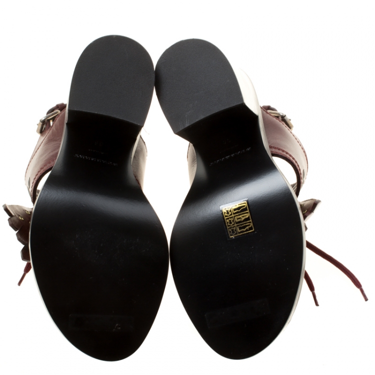 Pre Owned Burberry Burgundy Leather Beverley Eyelet Fringe Detail Block Heel Sandals Size 38