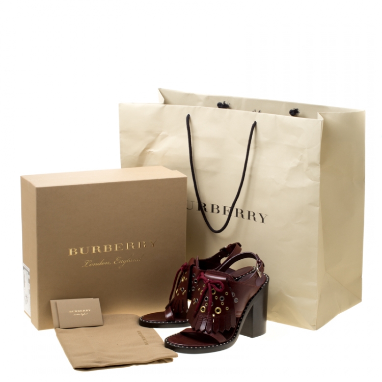 Pre Owned Burberry Burgundy Leather Beverley Eyelet Fringe Detail Block Heel Sandals Size 38