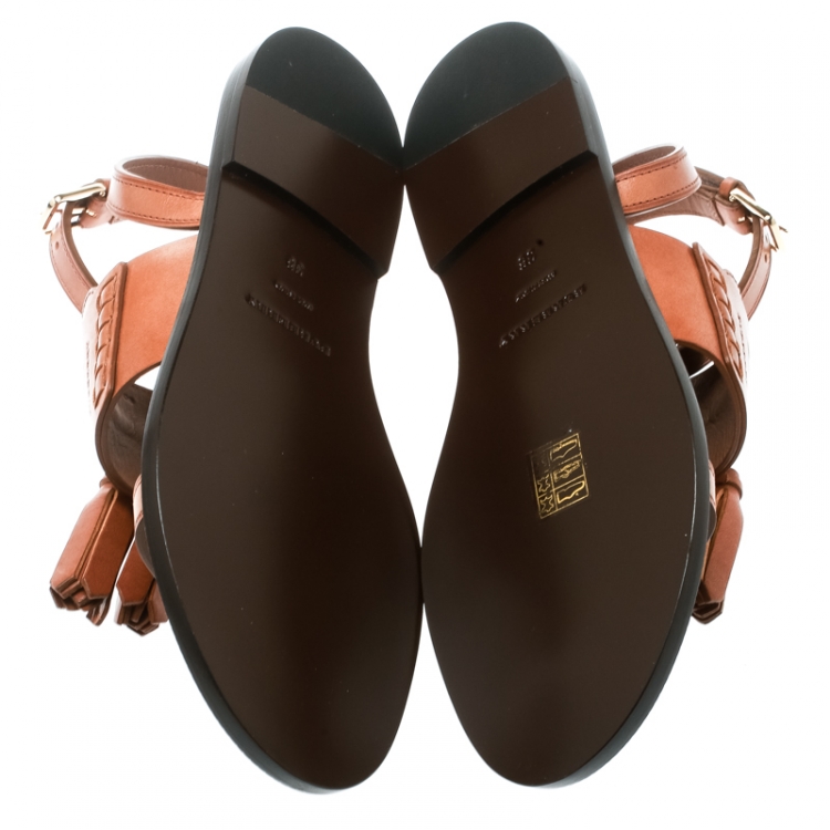 Pre Owned Burberry Cognac Brown Leather Bethany Tassel Detail Flat Sandals Size 38