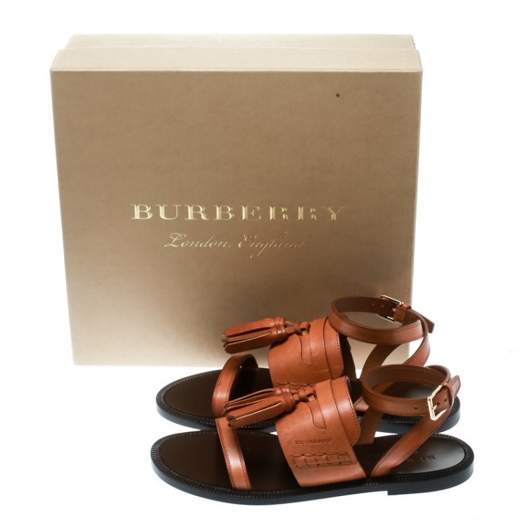 Pre Owned Burberry Cognac Brown Leather Bethany Tassel Detail Flat Sandals Size 38
