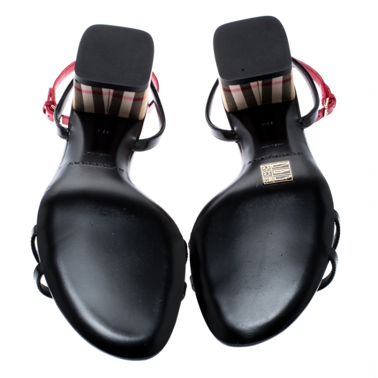 Pre Owned Burberry Black/Red Leather Anthea Cross Strap Open Toe Sandals Size 38.5
