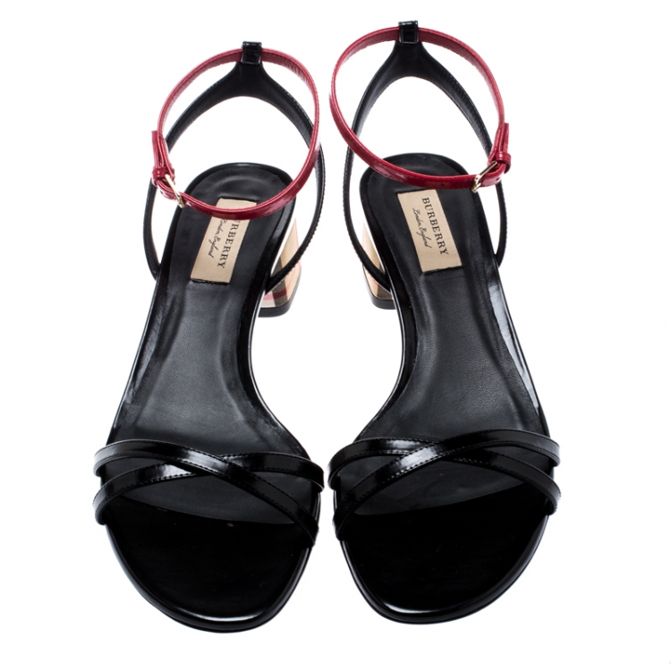 Pre Owned Burberry Black/Red Leather Anthea Cross Strap Open Toe Sandals Size 38.5