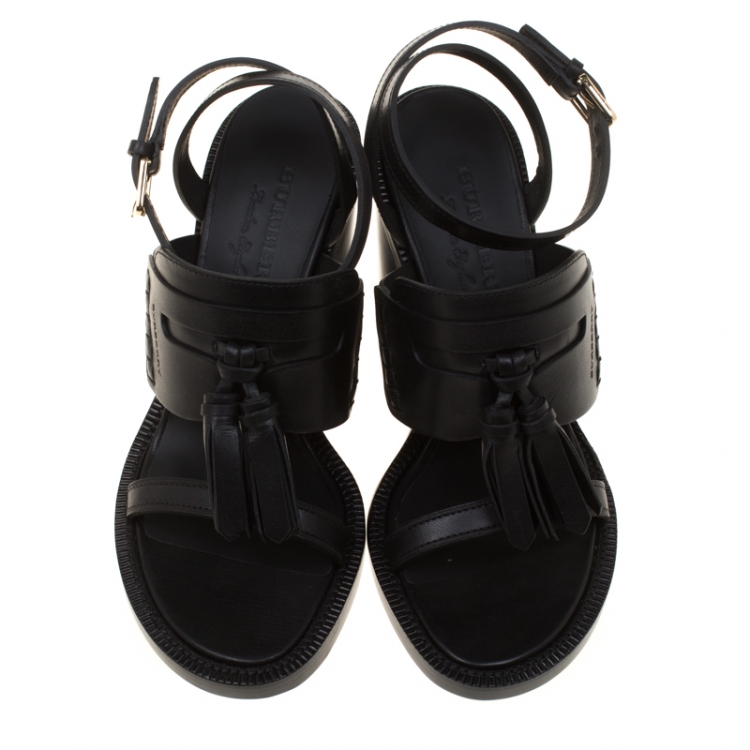 Pre Owned Burberry Black Leather Bethany Tassel Detail Block Heel Sandals Size 38