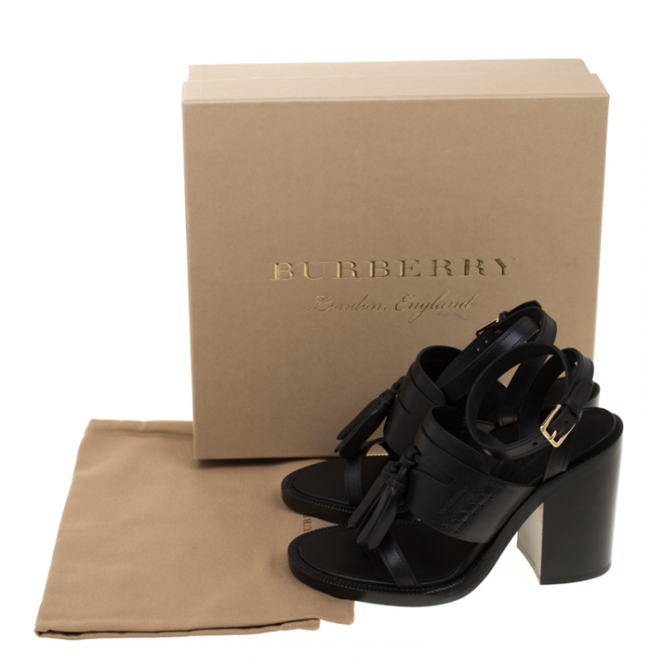 Pre Owned Burberry Black Leather Bethany Tassel Detail Block Heel Sandals Size 38