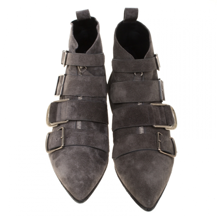 Pre Owned Burberry Grey Suede Milner Buckle Detail Pointed Toe Ankle Boots Size 40