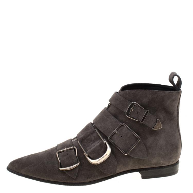 Pre Owned Burberry Grey Suede Milner Buckle Detail Pointed Toe Ankle Boots Size 40