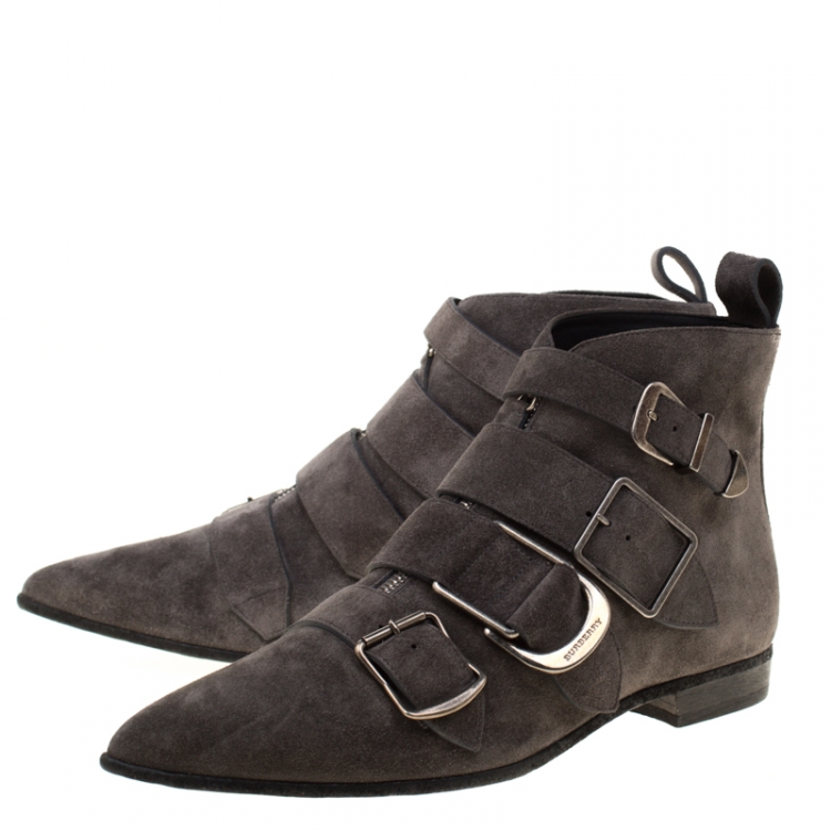Pre Owned Burberry Grey Suede Milner Buckle Detail Pointed Toe Ankle Boots Size 40