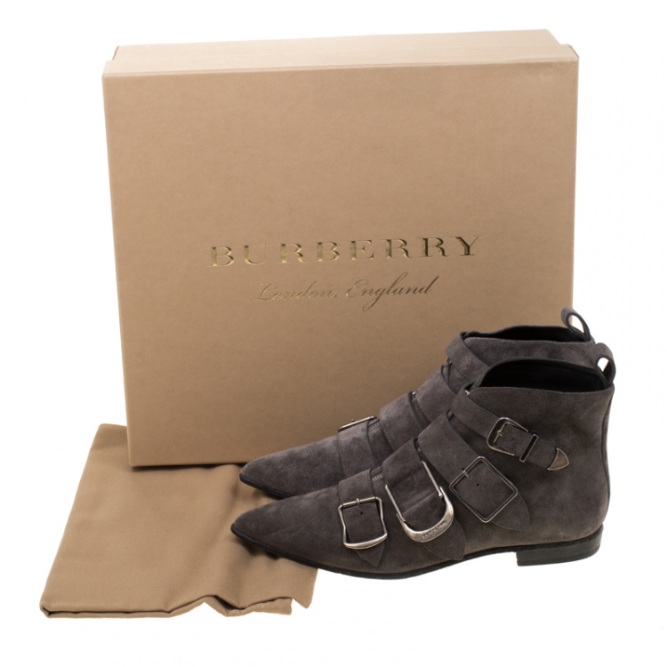 Pre Owned Burberry Grey Suede Milner Buckle Detail Pointed Toe Ankle Boots Size 40