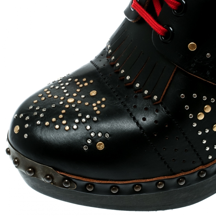 Pre Owned Burberry Black Studded Leather Antrim Fringe Detail Block Heel Clog Ankle Boots Size 41
