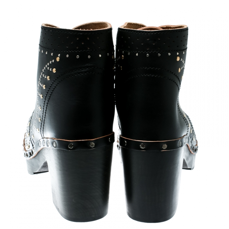 Pre Owned Burberry Black Studded Leather Antrim Fringe Detail Block Heel Clog Ankle Boots Size 41