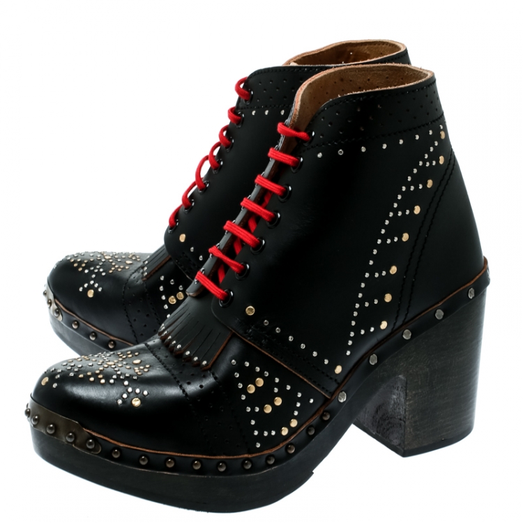 Pre Owned Burberry Black Studded Leather Antrim Fringe Detail Block Heel Clog Ankle Boots Size 41