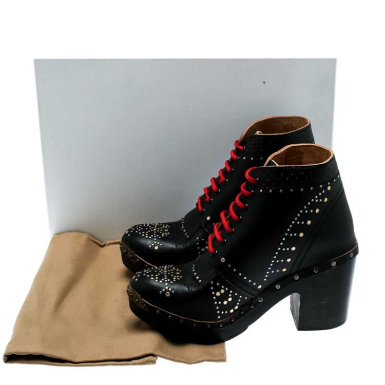 Pre Owned Burberry Black Studded Leather Antrim Fringe Detail Block Heel Clog Ankle Boots Size 41