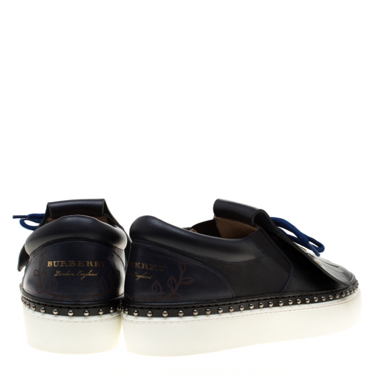 Pre Owned Burberry Navy Blue Leather Kiltie Fringe Slip On Sneakers Size 37