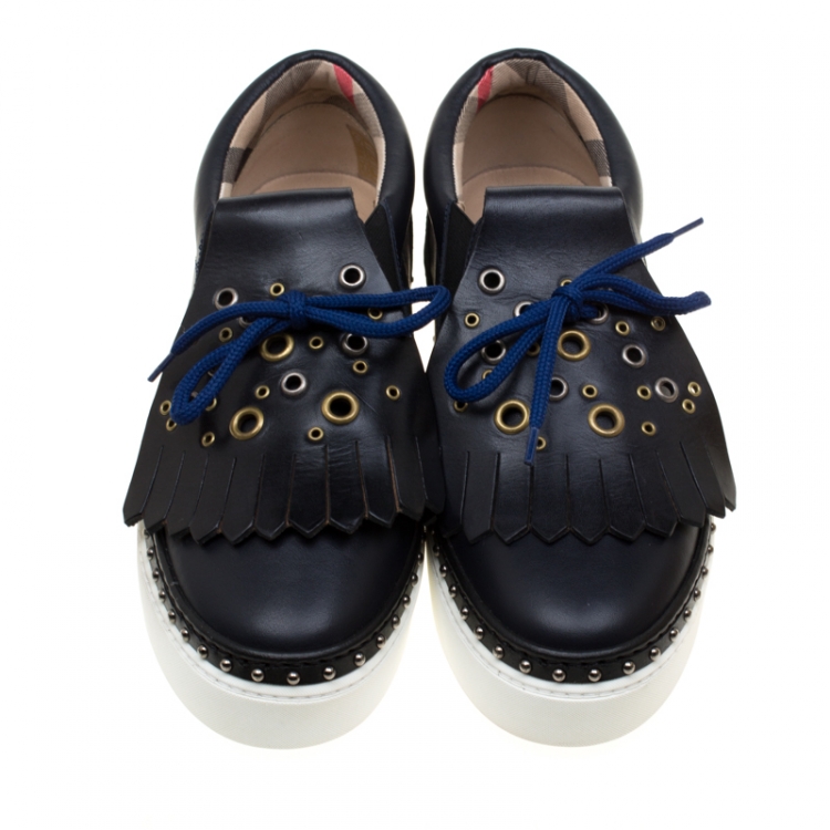 Pre Owned Burberry Navy Blue Leather Kiltie Fringe Slip On Sneakers Size 37