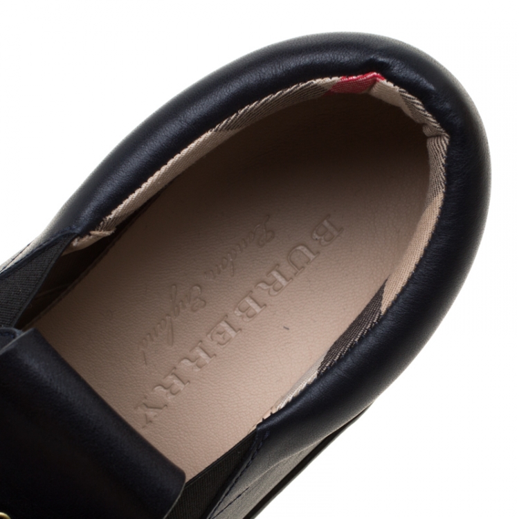 Pre Owned Burberry Navy Blue Leather Kiltie Fringe Slip On Sneakers Size 37