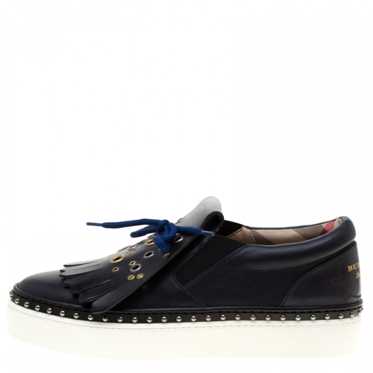 Pre Owned Burberry Navy Blue Leather Kiltie Fringe Slip On Sneakers Size 37