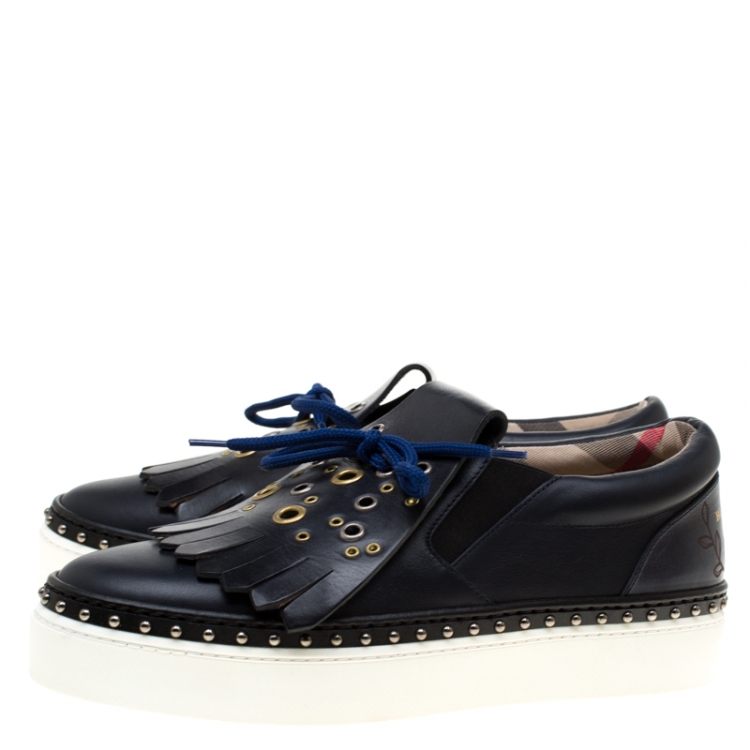 Pre Owned Burberry Navy Blue Leather Kiltie Fringe Slip On Sneakers Size 37