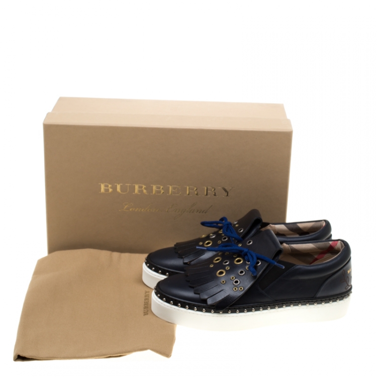 Pre Owned Burberry Navy Blue Leather Kiltie Fringe Slip On Sneakers Size 37
