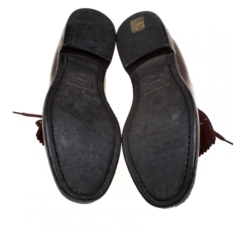 Pre Owned Burberry Burgundy Studded Leather Ampney Fringe Detail Derby Size 39.5