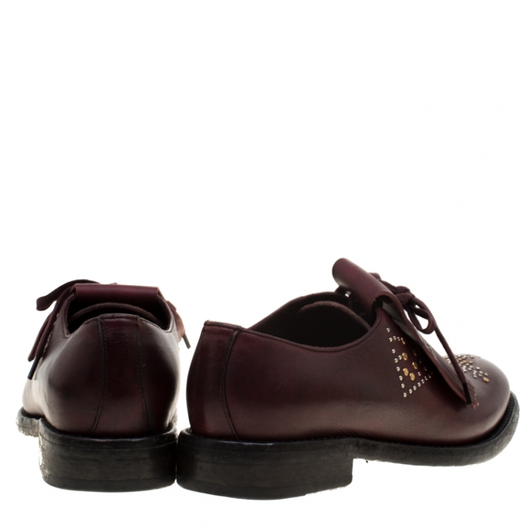 Pre Owned Burberry Burgundy Studded Leather Ampney Fringe Detail Derby Size 39.5
