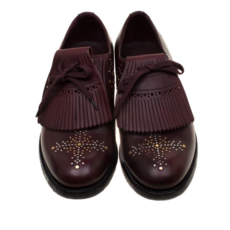 Pre Owned Burberry Burgundy Studded Leather Ampney Fringe Detail Derby Size 39.5