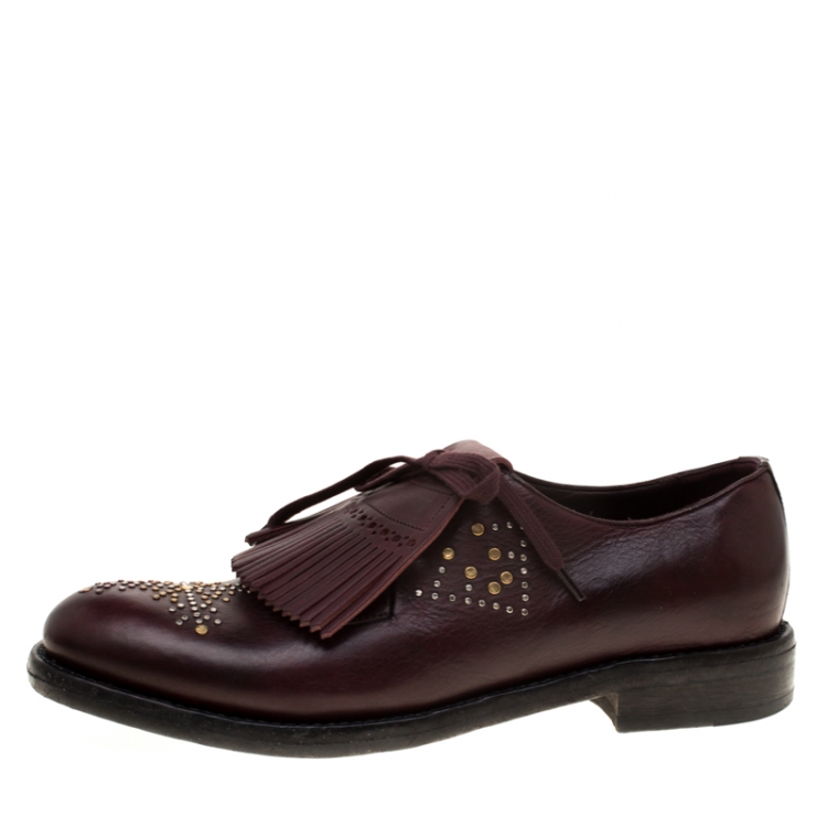 Pre Owned Burberry Burgundy Studded Leather Ampney Fringe Detail Derby Size 39.5