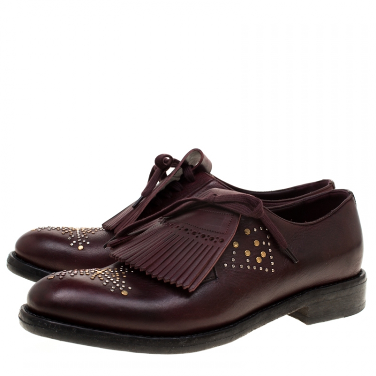 Pre Owned Burberry Burgundy Studded Leather Ampney Fringe Detail Derby Size 39.5
