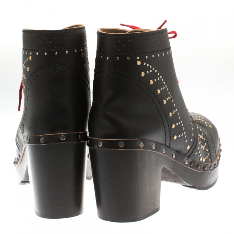 Pre Owned Burberry Black Studded Leather Antrim Fringe Detail Block Heel Clog Ankle Boots Size 41