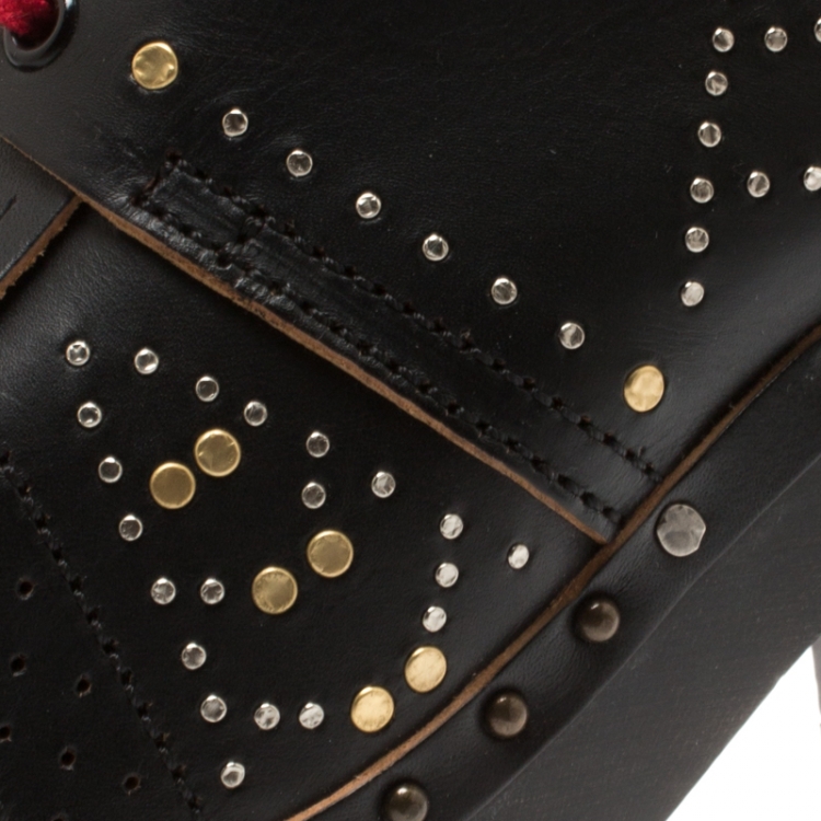 Pre Owned Burberry Black Studded Leather Antrim Fringe Detail Block Heel Clog Ankle Boots Size 41