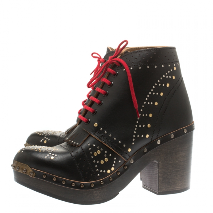 Pre Owned Burberry Black Studded Leather Antrim Fringe Detail Block Heel Clog Ankle Boots Size 41