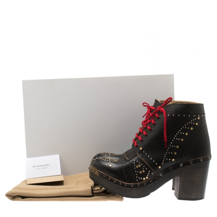 Pre Owned Burberry Black Studded Leather Antrim Fringe Detail Block Heel Clog Ankle Boots Size 41
