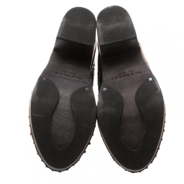 Pre Owned Burberry Black Studded Leather Antrim Fringe Detail Block Heel Clog Ankle Boots Size 41