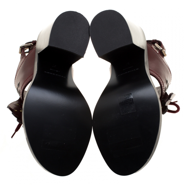 Pre Owned Burberry Burgundy Leather Beverley Eyelet Fringe Detail Block Heel Sandals Size 37