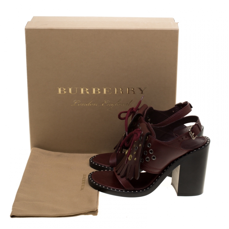 Pre Owned Burberry Burgundy Leather Beverley Eyelet Fringe Detail Block Heel Sandals Size 37