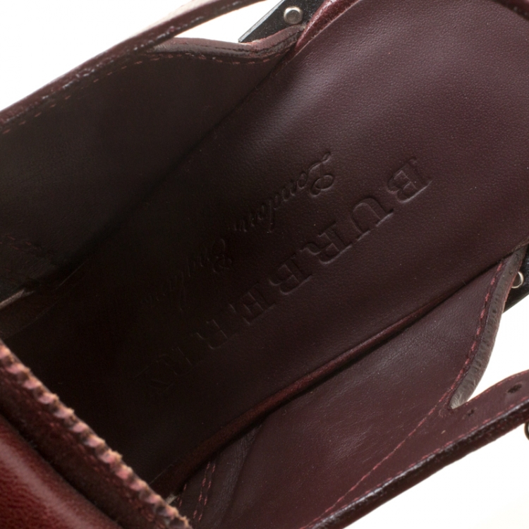 Pre Owned Burberry Burgundy Leather Beverley Eyelet Fringe Detail Block Heel Sandals Size 37