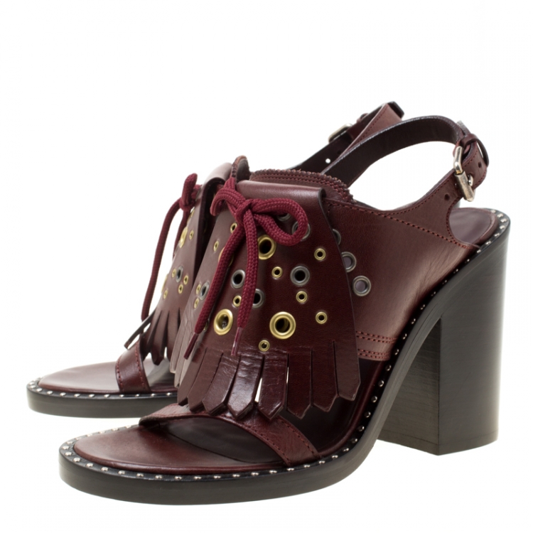 Pre Owned Burberry Burgundy Leather Beverley Eyelet Fringe Detail Block Heel Sandals Size 37
