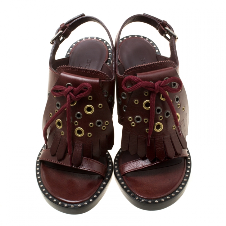 Pre Owned Burberry Burgundy Leather Beverley Eyelet Fringe Detail Block Heel Sandals Size 37
