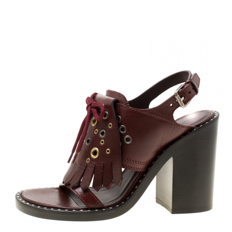 Pre Owned Burberry Burgundy Leather Beverley Eyelet Fringe Detail Block Heel Sandals Size 37