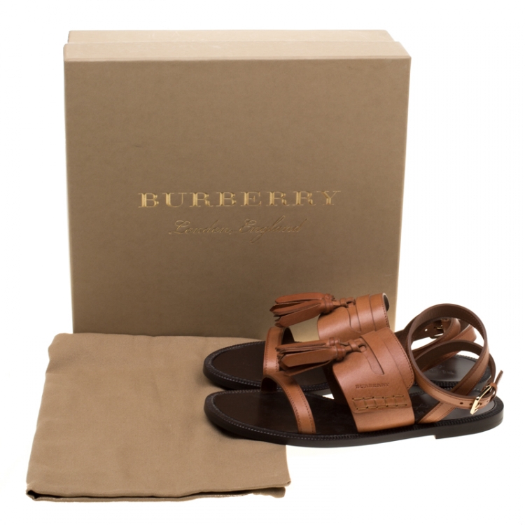 Pre Owned Burberry Cognac Brown Leather Bethany Tassel Detail Flat Sandals Size 38