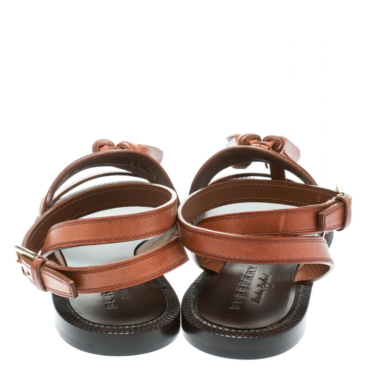 Pre Owned Burberry Cognac Brown Leather Bethany Tassel Detail Flat Sandals Size 38