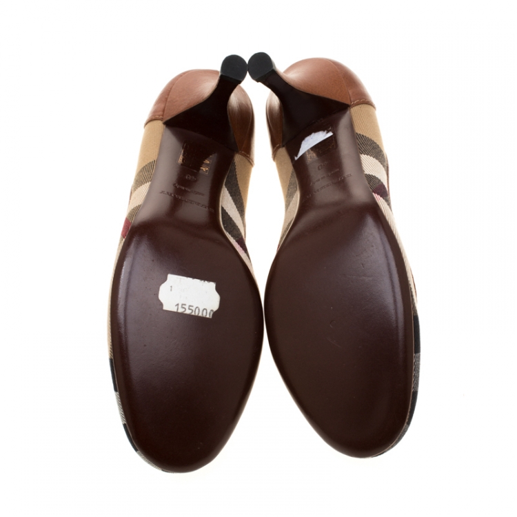Pre Owned Burberry Brown Leather And Nova Check Canvas Pumps Size 40