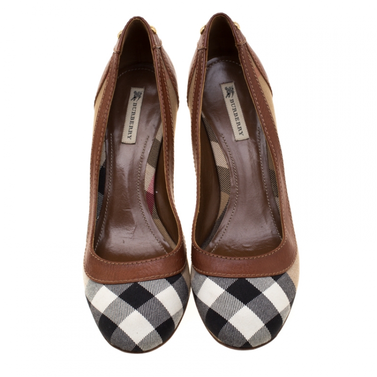Pre Owned Burberry Brown Leather And Nova Check Canvas Pumps Size 40