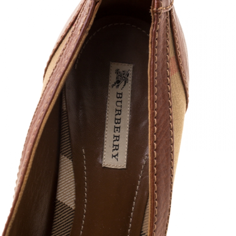 Pre Owned Burberry Brown Leather And Nova Check Canvas Pumps Size 40