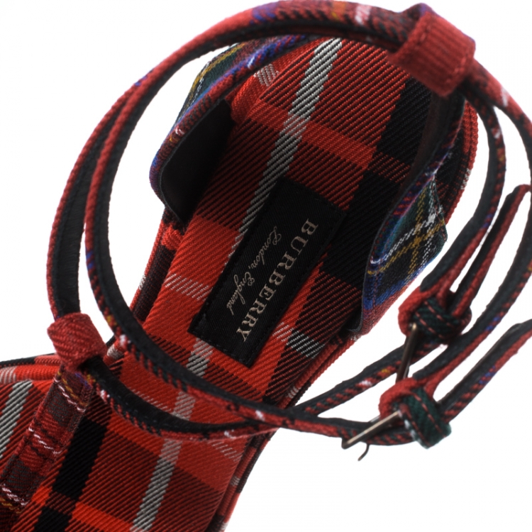 Pre Owned Burberry Red Checkered Wool Hans T Strap Sandals Size 37